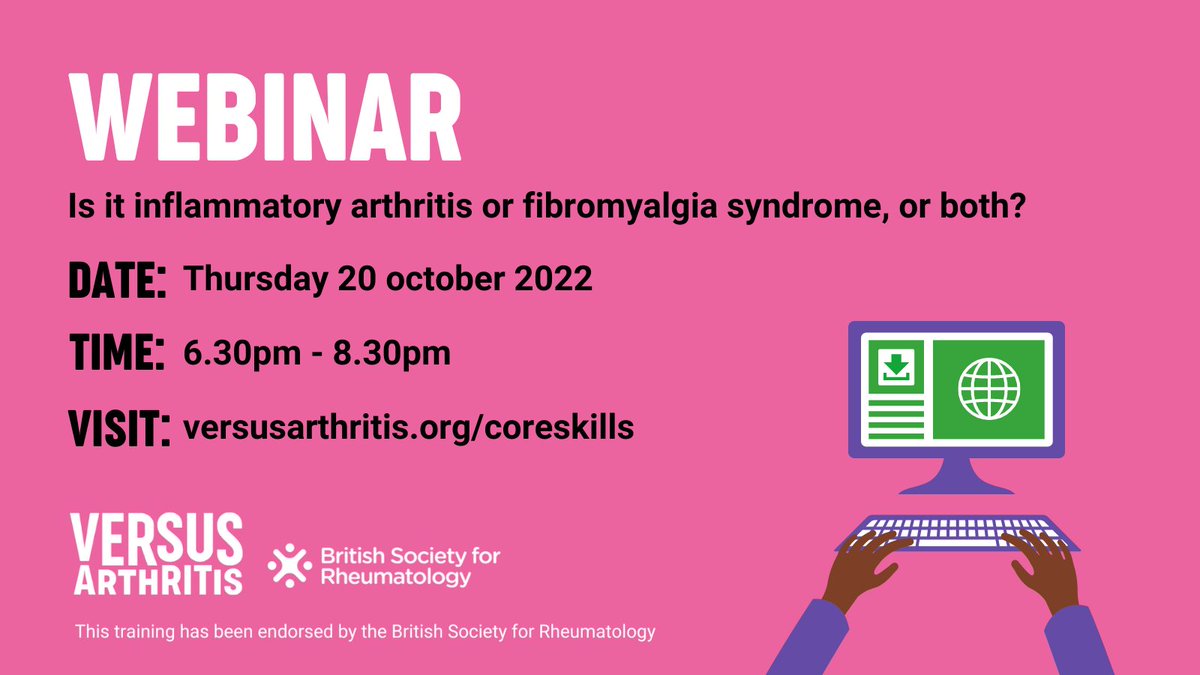 Healthcare professionals, there's just two weeks until our webinar, 'Is it inflammatory arthritis or fibromyalgia syndrome, or both? Learn - how to diagnose the conditions - when to refer to secondary care - effectively support your patients. Book now: action.versusarthritis.org/page/108744/ev…