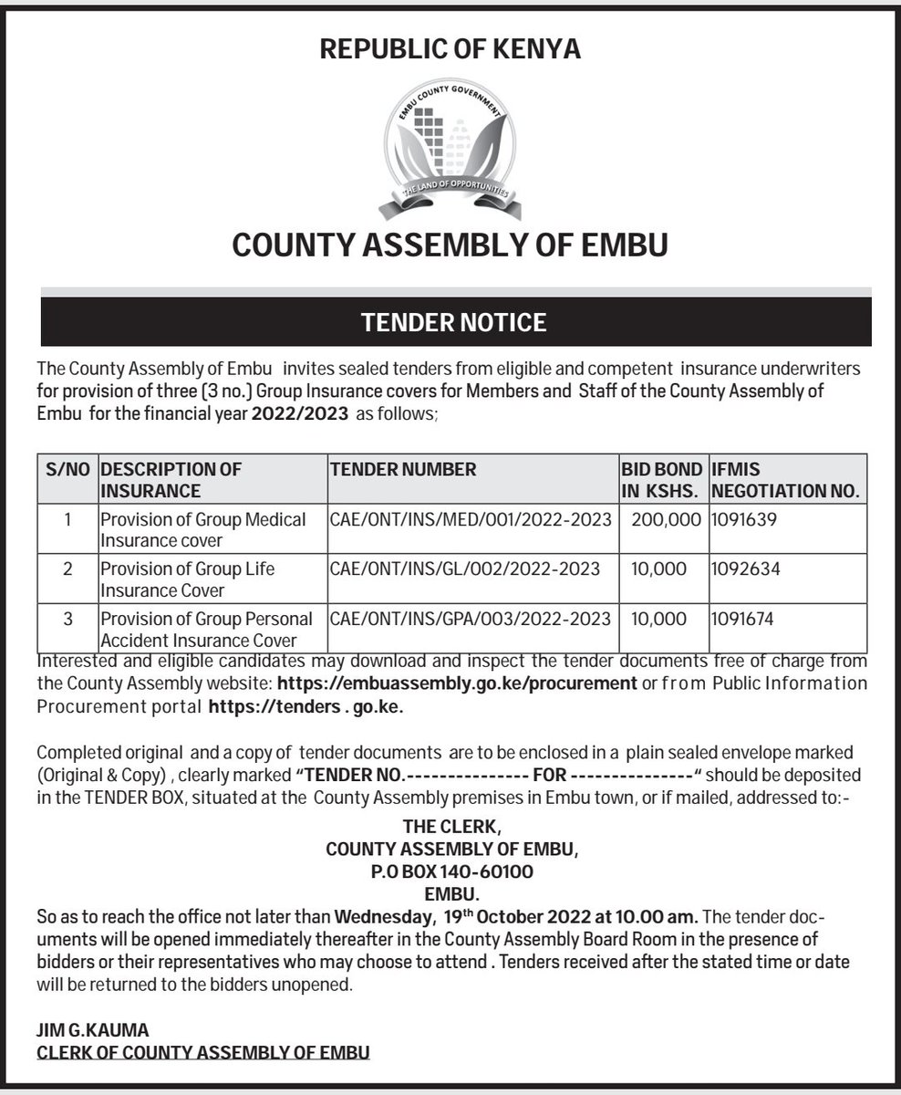 INSURANCE TENDER NOTICE.
Download tender documents here ~> embuassembly.go.ke/procurement/