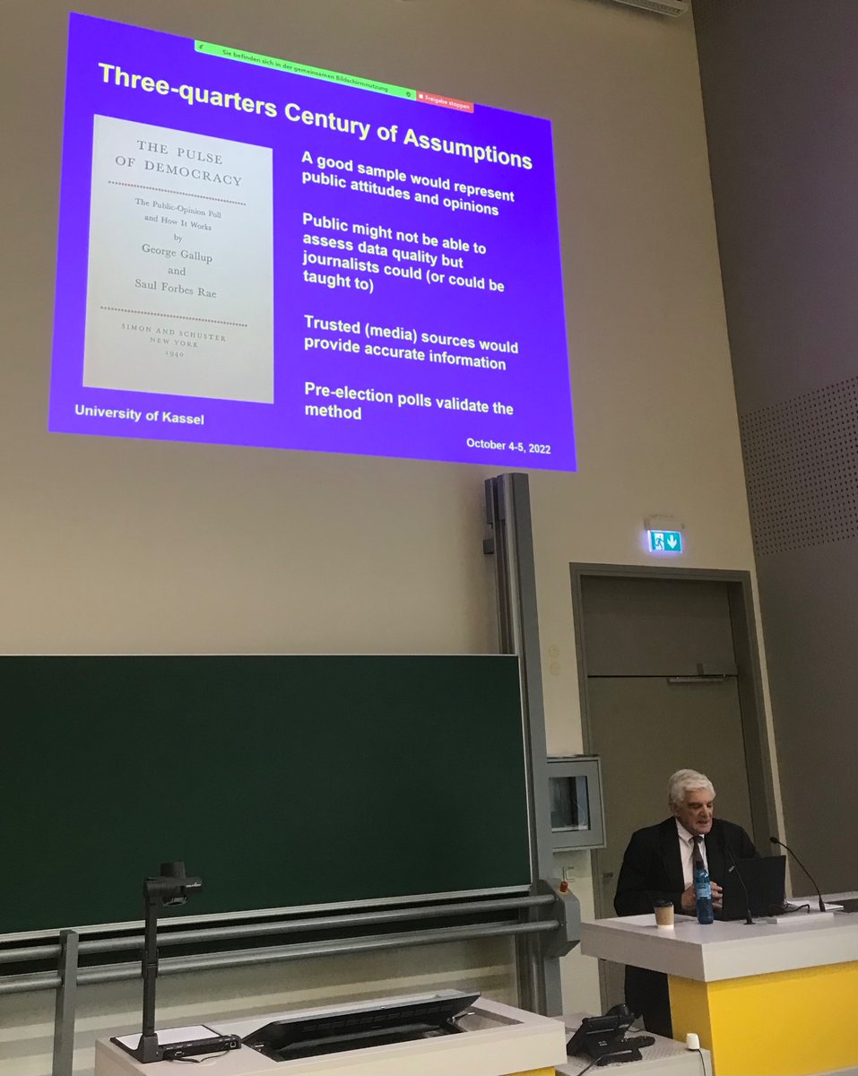 Keynote by <a href="/MikeMtrau/">Mike Traugott</a> from <a href="/UMich/">University of Michigan</a> at <a href="/fb05_unikassel/">Gesellschaftswissenschaften Uni Kassel</a>  #SurveyClimate workshop on public perceptions of polls. Would educating the public about survey methods help? I‘m wondering if involving the public eg via citizen science could help increase trust in polls