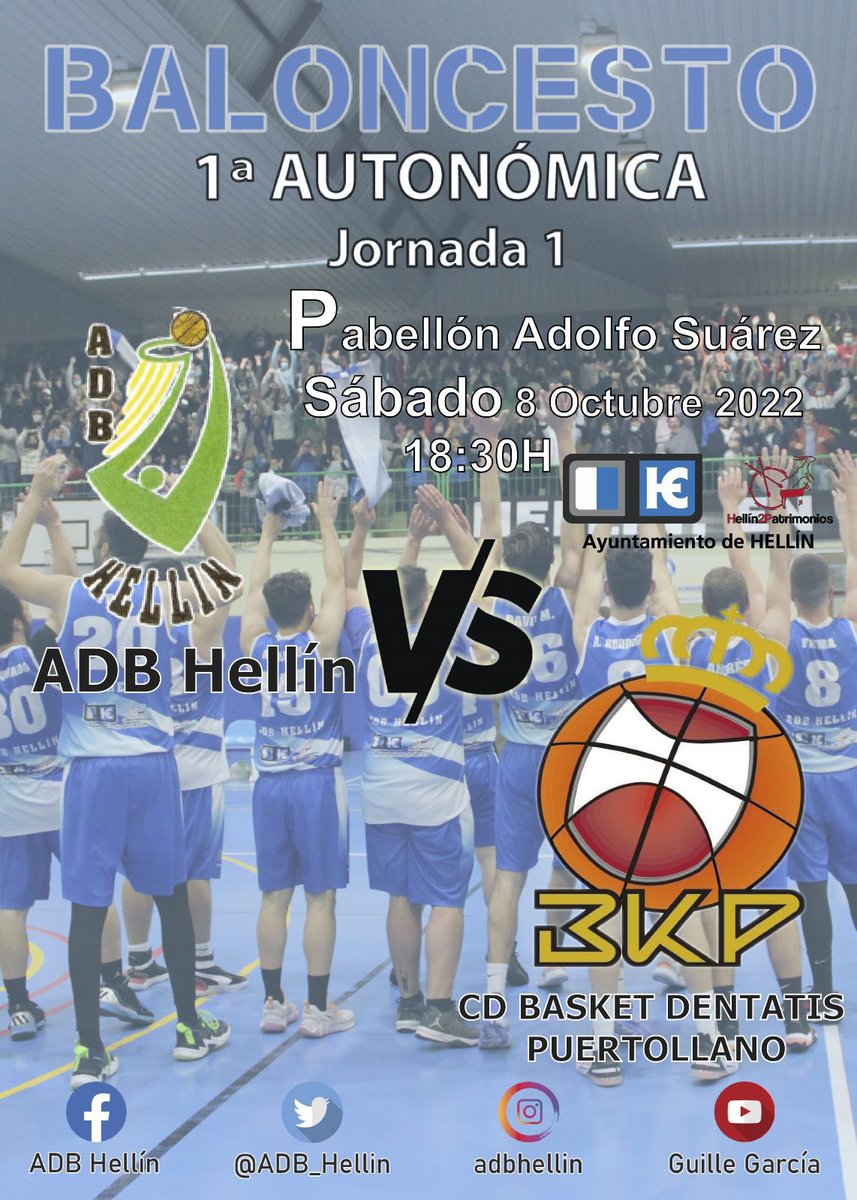 ADB_Hellin's tweet photo. Vuelve el baloncesto 🏀 al pabellón Adolfo Suárez 🤟

Primer partido de la temporada para el equipo de Dani Fernandez, en esta nueva temporada en 1ªAutonómica @fbclm 

El rival ⚔️ será @BPuertollano que este verano se ha reforzado muy muy bien

⏰ 18:30h

Te esperamos! 🏟 https://t.co/llNIxjnE5x