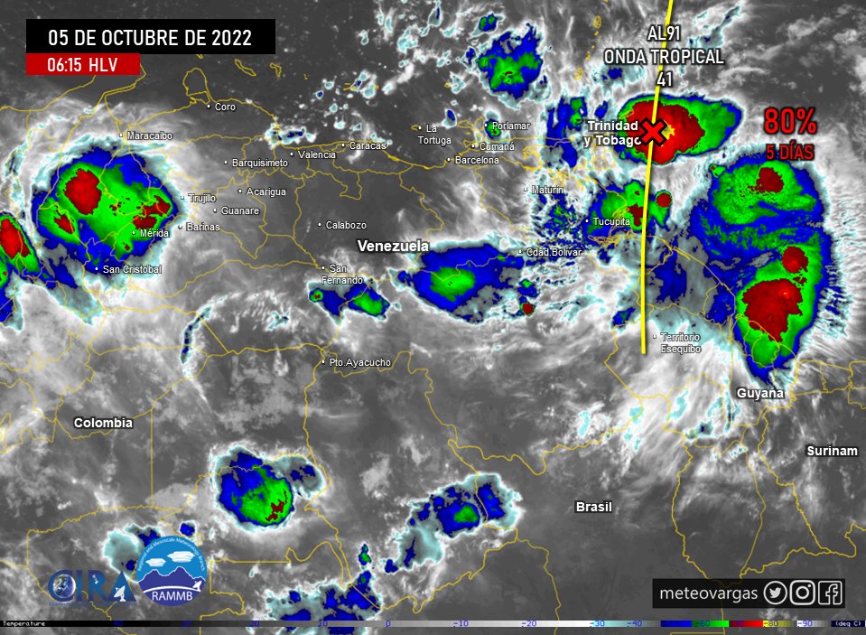Onda Tropical 41 (AL91) al noreste de Venezuela. Amaneciendo se observan núcleos productores de lluvias y algunos con tormentas en el este de Nueva Esparta, zonas de Sucre, Delta Amacuro, este de Monagas, norte del Esequibo, sectores de Bolívar...(cont) bit.ly/3M70CAq