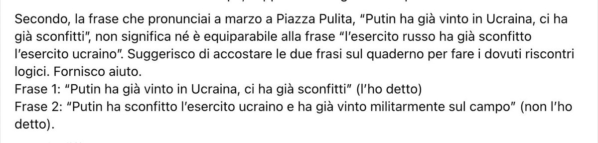 Alessandro Orsini spiega che quando disse "Putin ha già vinto in Ucraina" non voleva dire che "Putin ha già vinto militarmente”. Così come quando disse “L’Ucraina è fondamentalmente persa” non voleva dire che “L’Ucraina ha perso la guerra”. Il suo pensiero era “più complesso”.