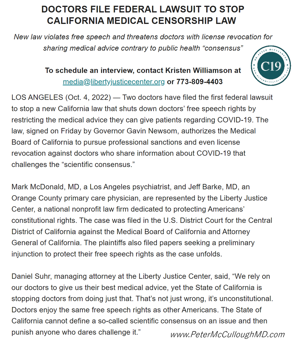 Drs McDonald and Barke with Liberty Justice have filed this bill against CA AB2098.  McDonald is the author of "United States of Fear" and "Freedom from Fear" with Dr. McCullough back-cover.  These doctors are taking the correct bold step to break this grip of totalitarianism.