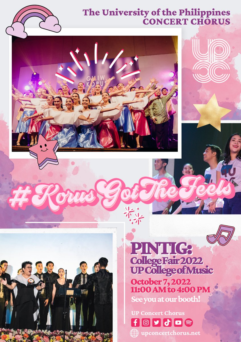 upconcertchorus's tweet photo. The UP Concert Chorus (UPCC) brings the feels to PINTIG! 🤩

Surprises are in store for you at our booth this coming Friday at the College of Music! Catch us from 11:00 AM to 4:00 PM! See you there! 😉

#Pintig2022
#MusikongBayan
#UPCMu
#UPConcertChorus #KorusGotTheFeels https://t.co/SOoM8SrvEd