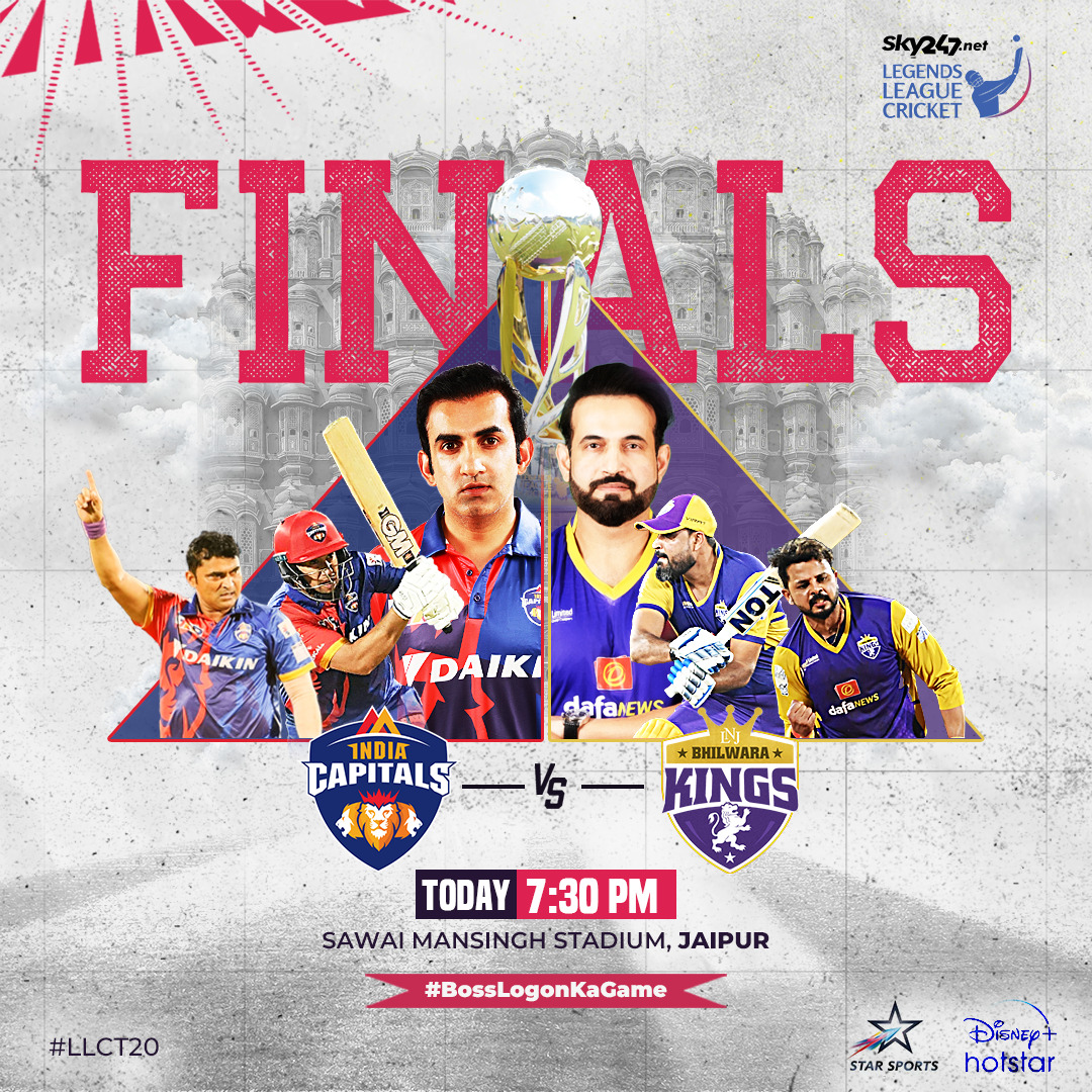 #LLCT20 Finals! A cracking contest awaits at Sawai Mansingh Stadium, 7.30 pm onwards as @CapitalsIndia clash against @Bhilwarakings. Watch live on @StarSportsIndia @DisneyPlusHS @FanCode. Tickets on @bookmyshow- bit.ly/3ydHzi9 #LegendsLeagueCricket #BossLogonKaGame