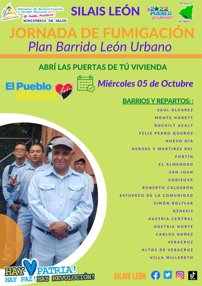 #UnidosEnVictorias ✌
Continúa el plan barrido León Urbano, jornada de fumigacion
Les comparto los barrios que se estarán visitando para que junt@s eliminemos el dengue 🦟
#2022PuebloVictorioso ❤🖤
<a href="/FloryCantoX/">Flor y Canto 🇳🇮</a>