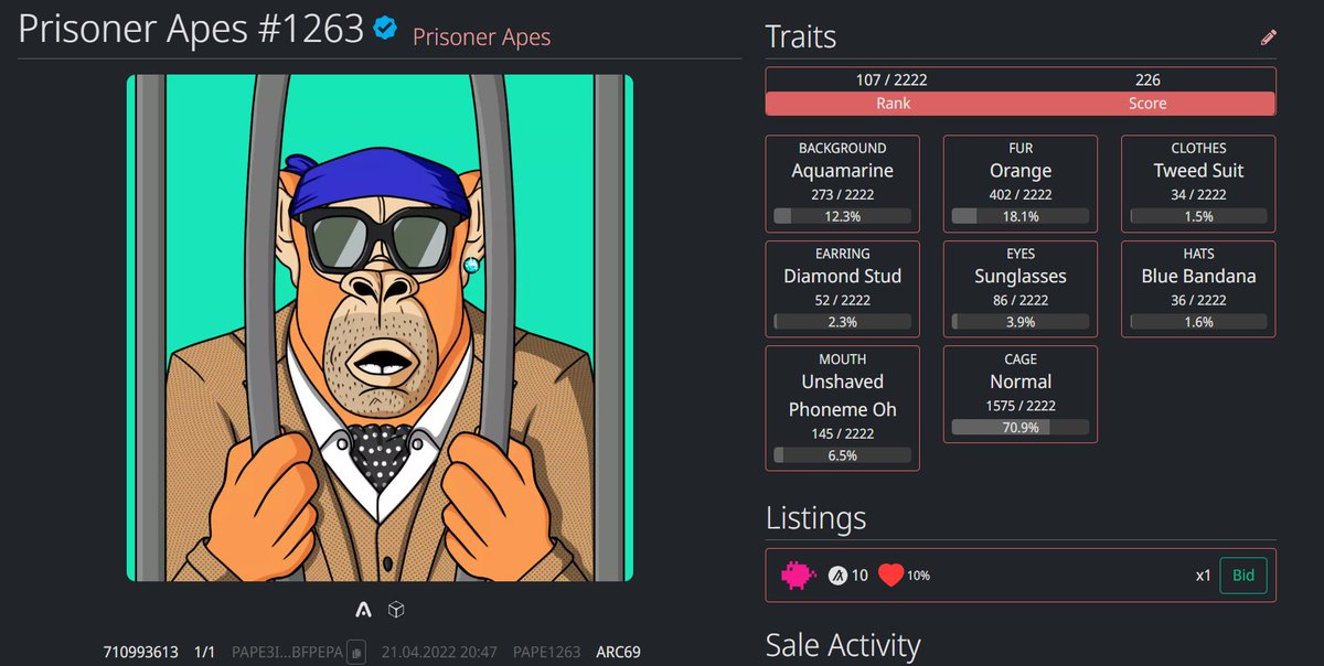 PAPE Rank 107 is up for auction! The highest bid is only 10 Algo. Take advantage of this opportunity before the auction ends. #algofam

Auction Link:algoxnft.com/listing/37024