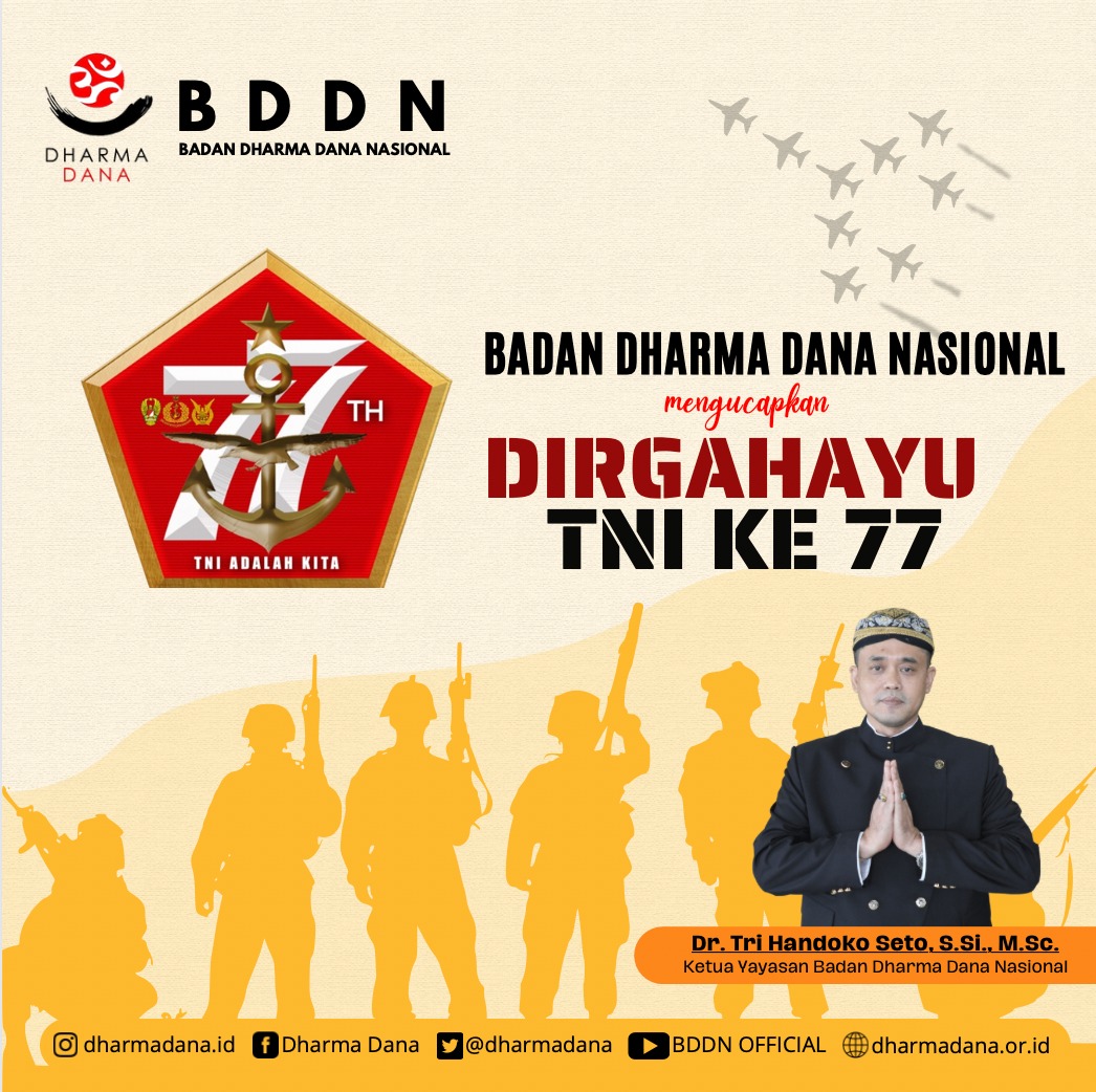 DharmaDana's tweet photo. Om Swastyastu
Pengurus BDDN mengucapkan Dirgahayu TNI ke-77. TNI kuat, hebat, profesional, siap mewujudkan Indonesia yang berdaulat, mandiri, dan berkepribadian. TNI adalah Kita.
Rabu, 5 Oktober 2022

#BDDN
#BadanDharmaDanaNasional 
#DharmaDana #HUTTNI #77TNI
#TNIadalahKita https://t.co/nEFwIFRykk