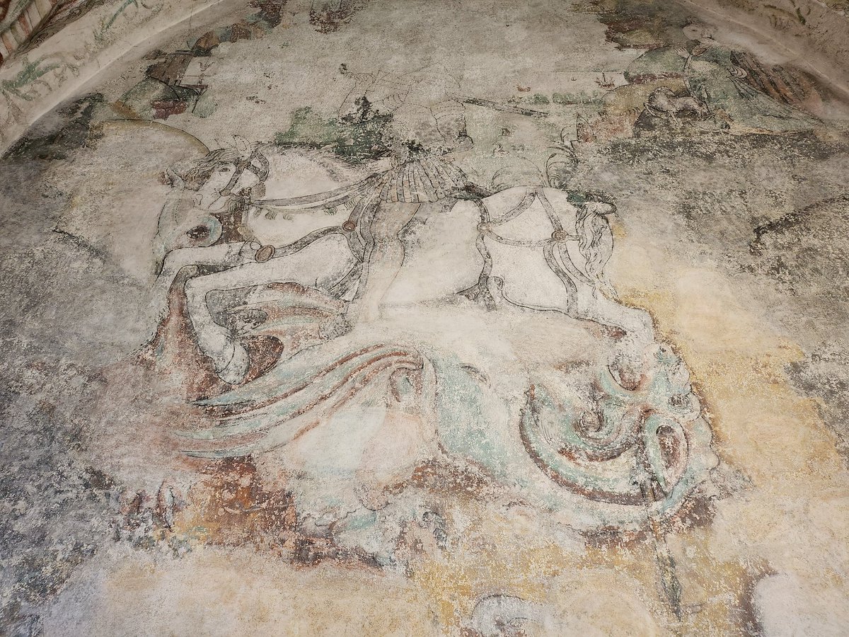 ThomasSmaberg's tweet photo. I'll go with a classic, this is St George and the dragon, a mural seen in #Krämarkapellet in #StPetriChurch, Malmö. A 15th century depiction in a chapel built by a guild. I have an almost matching tattoo I had done in #Razzouk tattoo workshop in Jerusalem... https://t.co/XzVYdoT0pC
