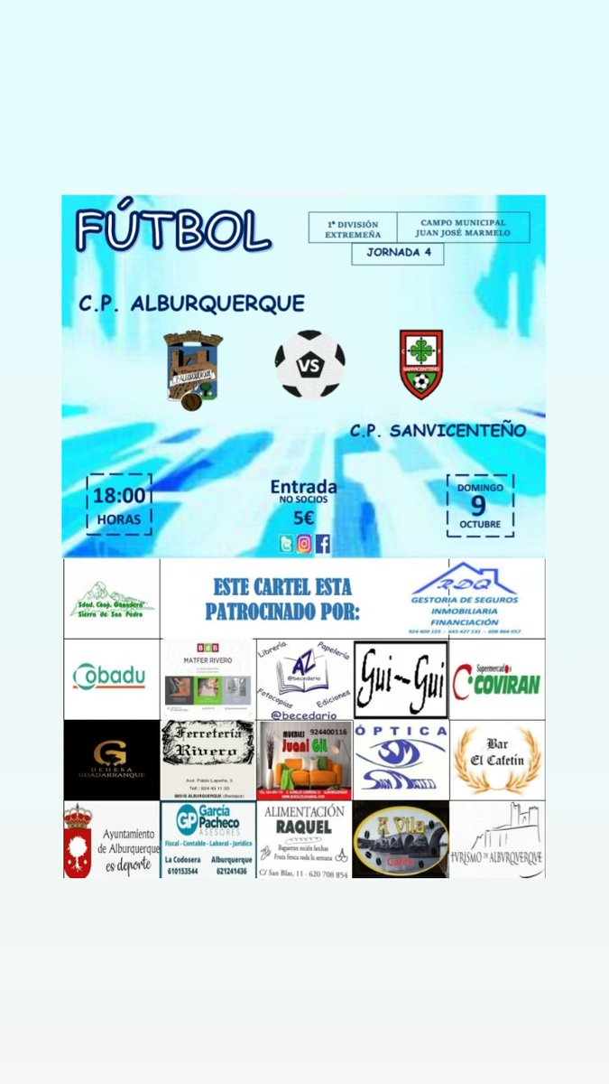 CPAlburquerque's tweet photo. ⚽ 𝐏𝐑𝐈𝐌𝐄𝐑𝐀 𝐃𝐈𝐕𝐈𝐒𝐈𝐎́𝐍 𝐄𝐗𝐓𝐑𝐄𝐌𝐄𝐍̃𝐀
𝐉𝐎𝐑𝐍𝐀𝐃𝐀 4 | 🔵⚪
Primer Derbi de la temporada
CP Alburquerque 🆚 C.P Sanvicenteño
🗓 9/10/2022
🕚 18:00
📍 Juan José Marmelo
¡Vamos Azules 🔵⚪!
#CPA
#SentimientoAzulyBlanco
#futbol
#Badajoz
#extremadura
💙🤍 https://t.co/Mp5Q0DwsiA