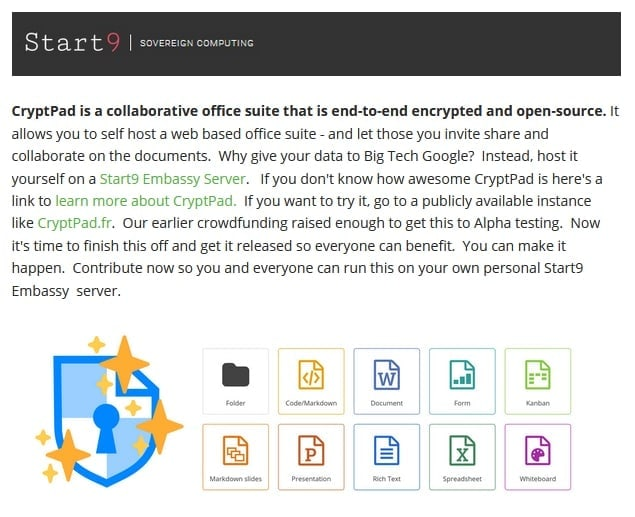 Jesse_YPCA's tweet photo. I'm hosting a crowd-funding campaign to get #CryptPad (collaborative office suite that is end-to-end encrypted and open-source) to run on my EmbassyOS server by @start9labs.  Screw #BigTech and host it yourself.

TOR link: https://t.co/7QK2YvYHPI

Don't do TOR yet, send me a DM! https://t.co/B8zULus0ui