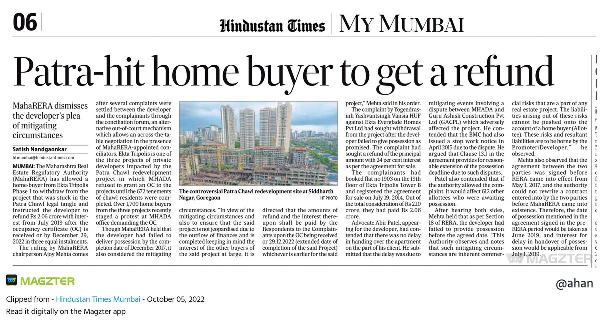 My report for @HTMumbai. For 3 years, MahaRERA dismissed complaints because GACPL went into insolvency. Then complaints were settled out of court as Patra Chawl issue dragged on. Now comes the ruling. #RERA @writemeenal @Cheatedbuyer @OwnersRadiance @BuyersEkta @anjanavaswani