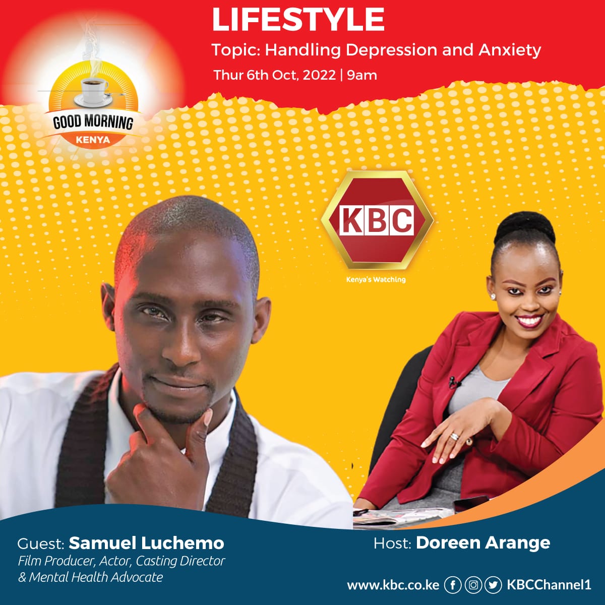 samuelluchemo's tweet photo. Tune in Tomorrow, at 9am EAT and join us LIVE on KBC for our Solution based Discussion on various aspects of Mental Health affecting Creatives and how to Handle Depression as you build your Mental Wellness to avoid getting suicidal thoughts #MentalHealthMonth @GermanyInAfrica https://t.co/fvd6J2PxJb