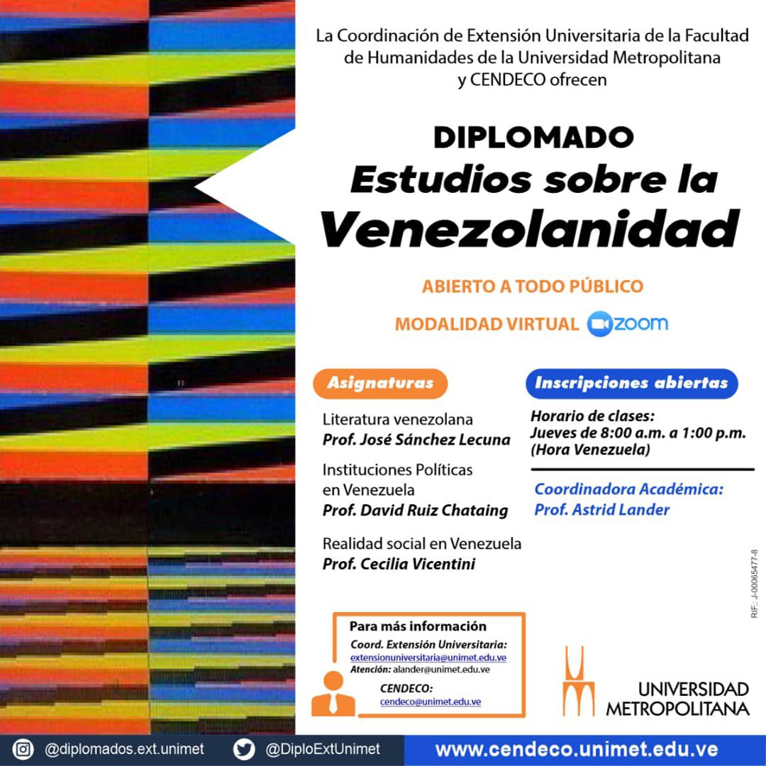 gabyarocha's tweet photo. ¿Recuerdan que les recomendé mucho el Diplomado de Venezolanidad de la @Unimet? Las materias y los profesores son maravillos, es por Zoom, solo los jueves en la mañana,¡ y se pueden anotar ya porque quedan 3 cupos! Escriban a alander@unimet.edu.ve 
Empieza el jueves 13 de octubre https://t.co/MrHdxtjeHm