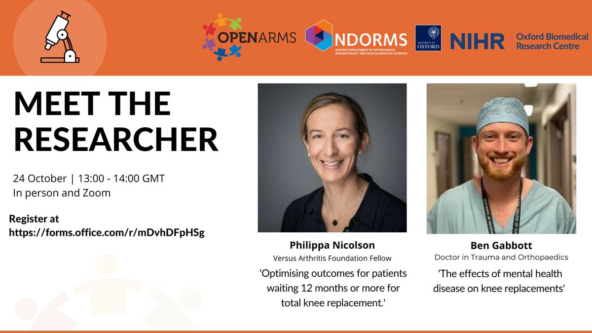 ndorms's tweet photo. Join us later this month to ‘Meet the Researcher’! We’ll be talking all things knee replacements with Philippa Nicolson and Ben Gabbott. 

🗓 Monday 24 October 
⏰ 1pm 
📍 @BotnarOxford and online 

Come at 12.30 for tea and coffee! ☕️ 

Find out more 👉 https://t.co/PMzRPfmcjh https://t.co/DtodwXFjFO