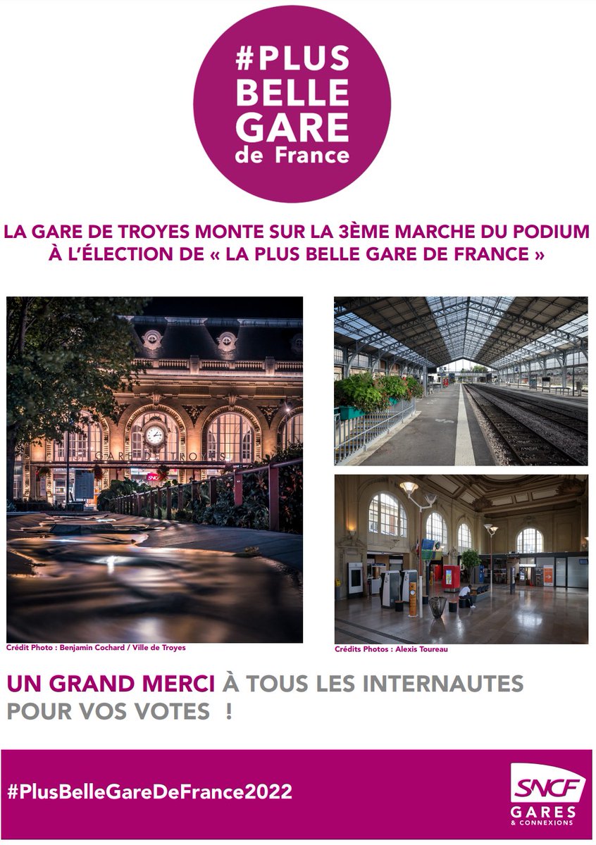 CelineMartaud's tweet photo. La #gare de @VilledeTroyes monte sur la 3ème marche 👏du podium au concours de #PLUSBELLEGAREDEFRANCE derrière Saint-Brieuc et Limoges élue Plus Belle Gare de France !
Un grand MERCI pour vos votes ! 👍 @ConnectGares @ccsucy @LaetiziaFrey @regiongrandest https://t.co/Cbua0CpF10