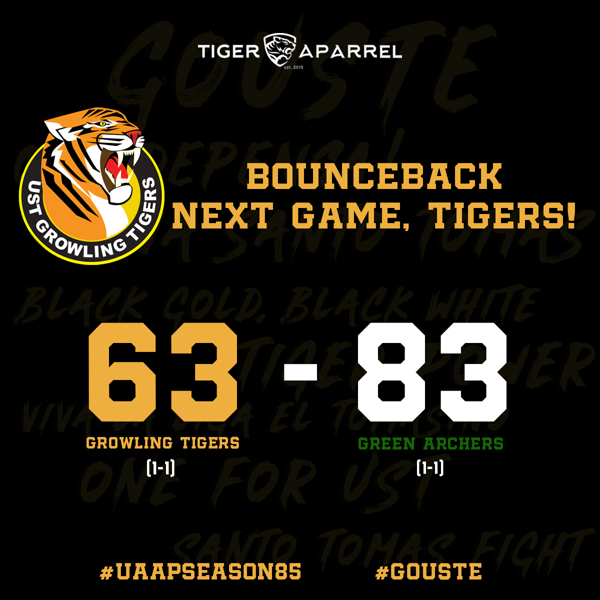 tiger_apparel's tweet photo. Bounce back next game, Tigers!
The UST Growling Tiger faced their first defeat against the DLSU Green Archers, 63-83. 

Still don't have your UST Shirt? Buy yours now! 💛
Lazada: https://t.co/a0tM0gwCsa
Shopee: https://t.co/8mAvCIpQxN
#GoUSTe 
#TigerApparel 
#UAAPSeason85 https://t.co/Nnsk6a0Aw4