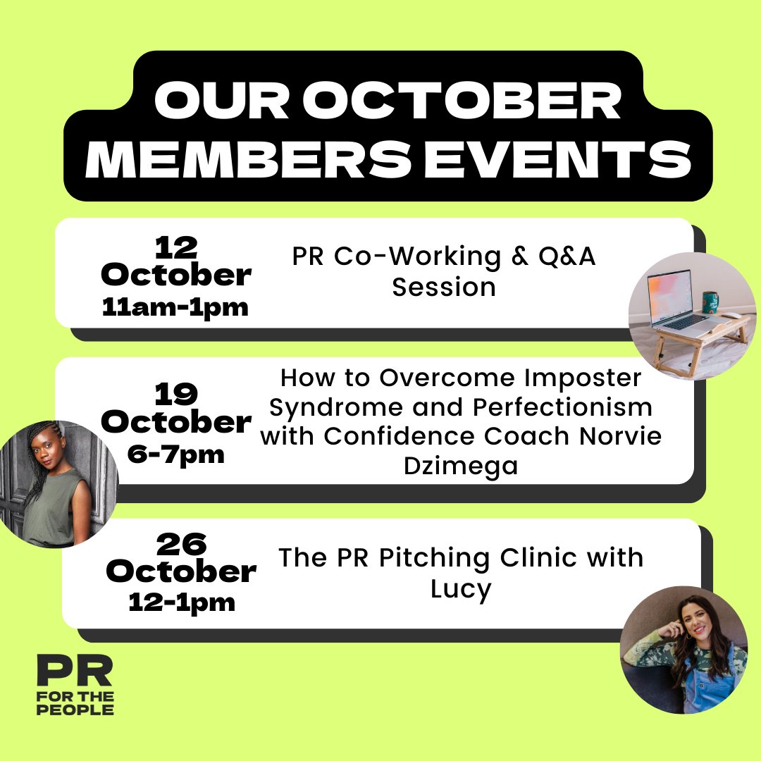 PR_forthePeople's tweet image. 🚀️Our October community events🚀️⁠

We can't wait for our workshop with Confidence Coach Norvie on how to overcome imposter syndrome &amp;amp; perfectionism as well as our super productive PR co-working and pitching sessions.

Doors re-open next Monday!! #prtips #smallbiztips #diypr