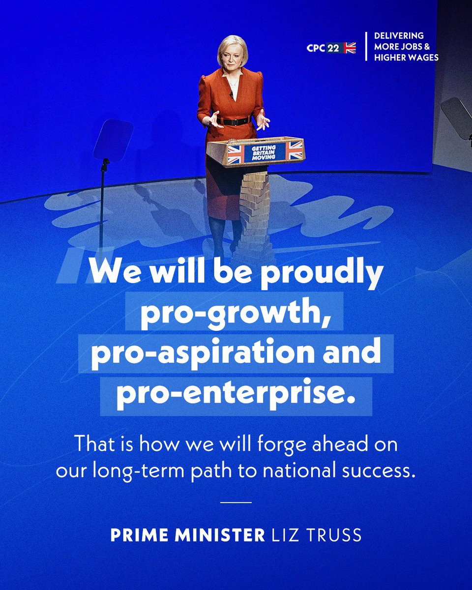 Conservatives's tweet photo. 💬 We need to get Britain moving. We are the only party with the determination to deliver.

@TrussLiz 👇 

#GetBritainMoving | #CPC22 https://t.co/0MniDUW6dJ