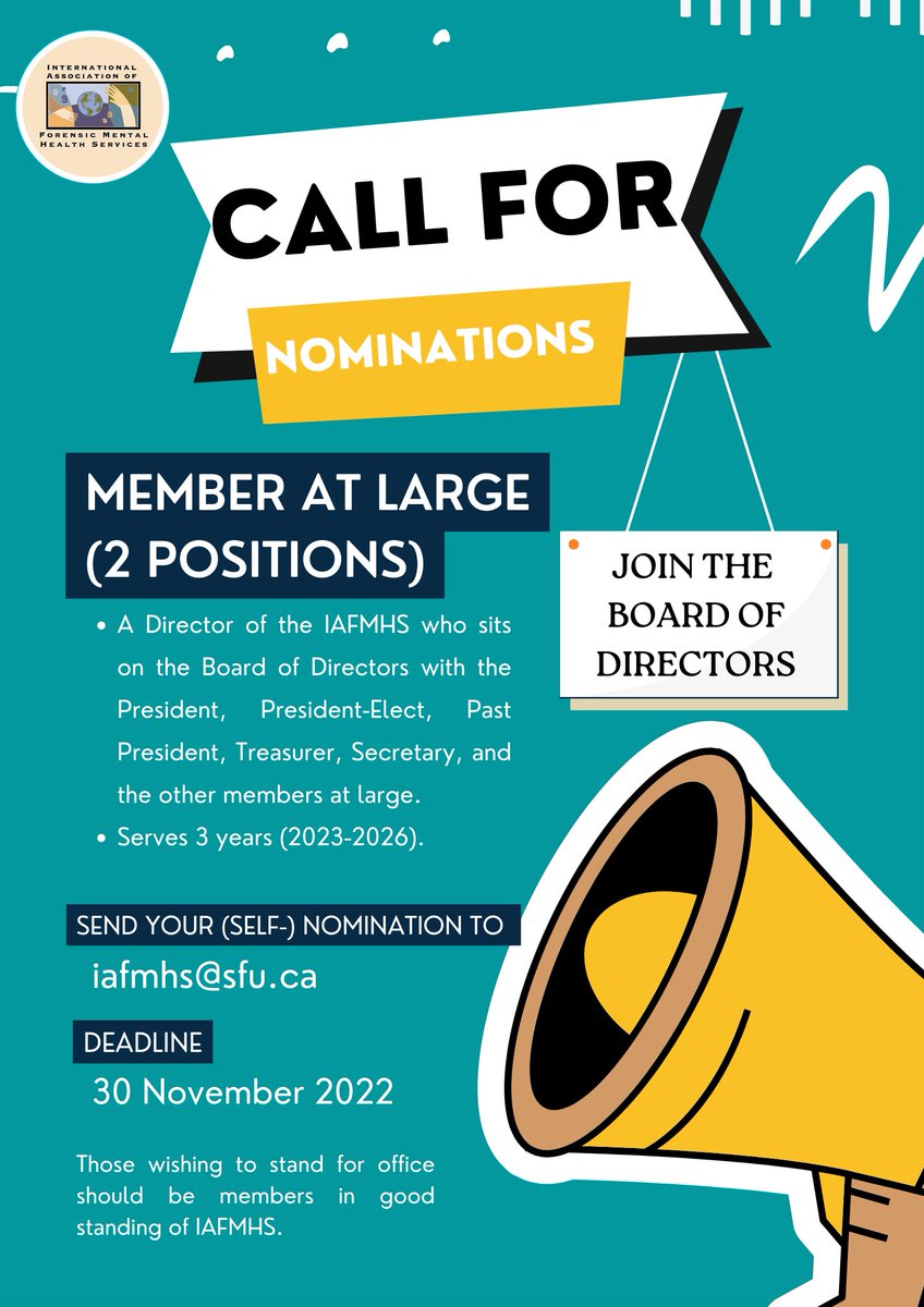 IAFMHS1's tweet photo. #callfornominations! The #IAFMHS offers 1 position as #presidentelect and 2 positions as #memberatlarge for the #boardofdirectors! Please share with your colleagues and friends! For more information please contact iafmhs@sfu.ca! π₯³π https://t.co/eOGN8WrMkY
