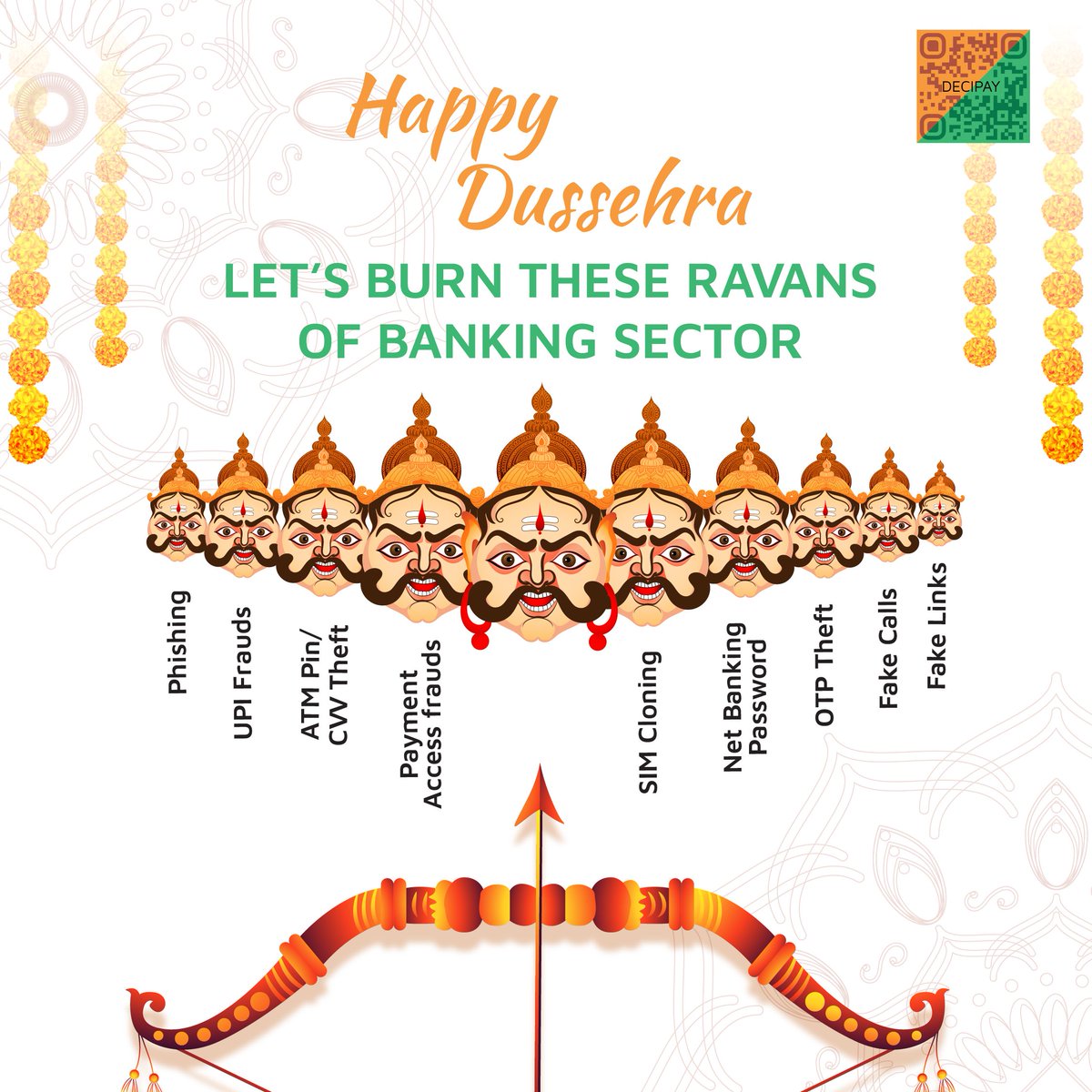 decipayservice's tweet photo. This dussehra, burn the evil of banking and be aware of these frauds🚫

Stay Safe &amp; Be Blessed🙏

#HappyDussehra #Dussehra #BankingServices #UPI #QRCode  #Fintech #India #DecipayServices https://t.co/xvduE0Z5VR
