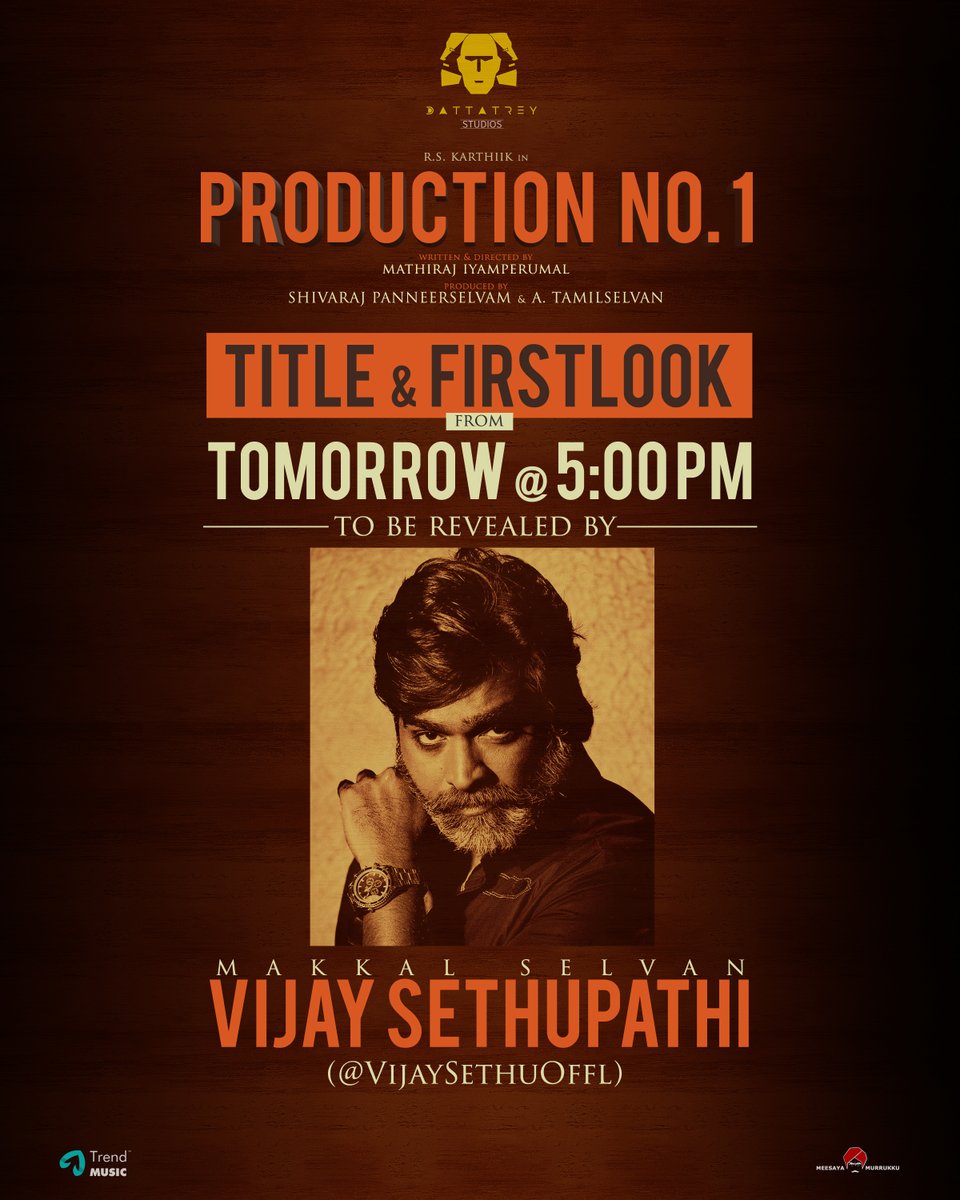 TrendMusic (@trendmusicsouth) on Twitter photo Glad to announce that <a href="/Dattatreyone/">Dattatrey Studios</a> Studios Production No.1⃣'s Title and First Look will be revealed by our #MakkalSelvan <a href="/VijaySethuOffl/">VijaySethupathi</a>🎉
<a href="/trendmusicsouth/">TrendMusic</a> <a href="/Dir_Mathirajoff/">Mathiraj Iyamperumal</a> <a href="/KarthiikPK/">R S KARTHIIK</a> <a href="/GayatriRema/">Gayatri Rema</a> <a href="/catcharadya/">Aradya</a> @Music_UdhayDM <a href="/ShivaDattatrey/">Shivaraj Panneerselvam</a> <a href="/MrTamilSelva/">Tamil Selvan Anand</a> #VijaySethupathi Glad to announce that <a href="/Dattatreyone/">Dattatrey Studios</a> Studios Production No.1⃣'s Title and First Look will be revealed by our #MakkalSelvan <a href="/VijaySethuOffl/">VijaySethupathi</a>🎉
<a href="/trendmusicsouth/">TrendMusic</a> <a href="/Dir_Mathirajoff/">Mathiraj Iyamperumal</a> <a href="/KarthiikPK/">R S KARTHIIK</a> <a href="/GayatriRema/">Gayatri Rema</a> <a href="/catcharadya/">Aradya</a> @Music_UdhayDM <a href="/ShivaDattatrey/">Shivaraj Panneerselvam</a> <a href="/MrTamilSelva/">Tamil Selvan Anand</a> #VijaySethupathi