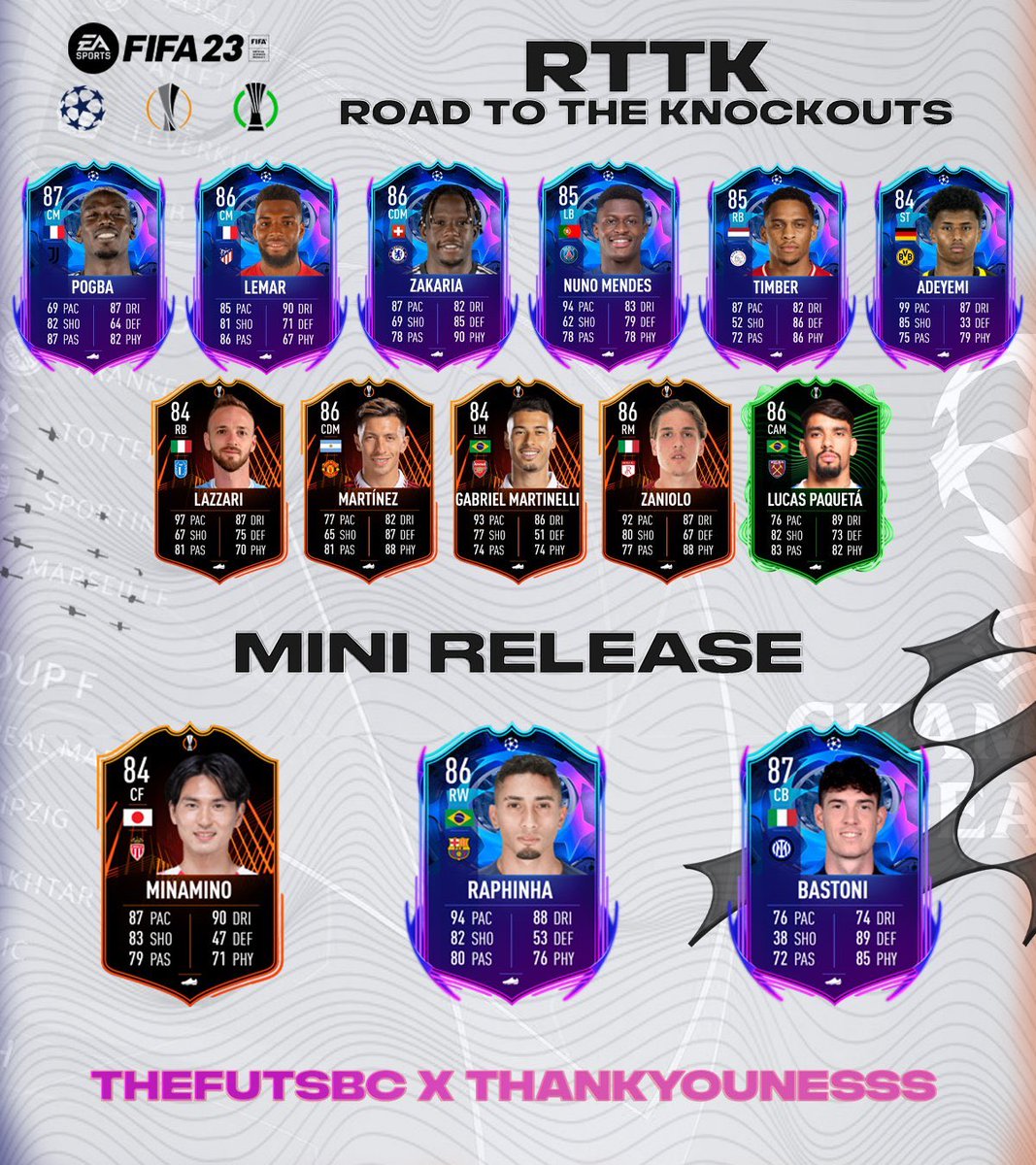 TheFUTSBC's tweet photo. 👀 RTTK is coming this Friday 👀

A few potential players we could see including some old favourites and potentially some new 🙏🏻

🇦🇷 L Martinez
🇧🇷 Martinelli
🇩🇪 Adeyemi 

Are there any you would like 🔥 or any you think are missing 👀

@TheFUTSBC X @ThankYounesss

#Fifa23 #rttk https://t.co/cdGUsbvTPB