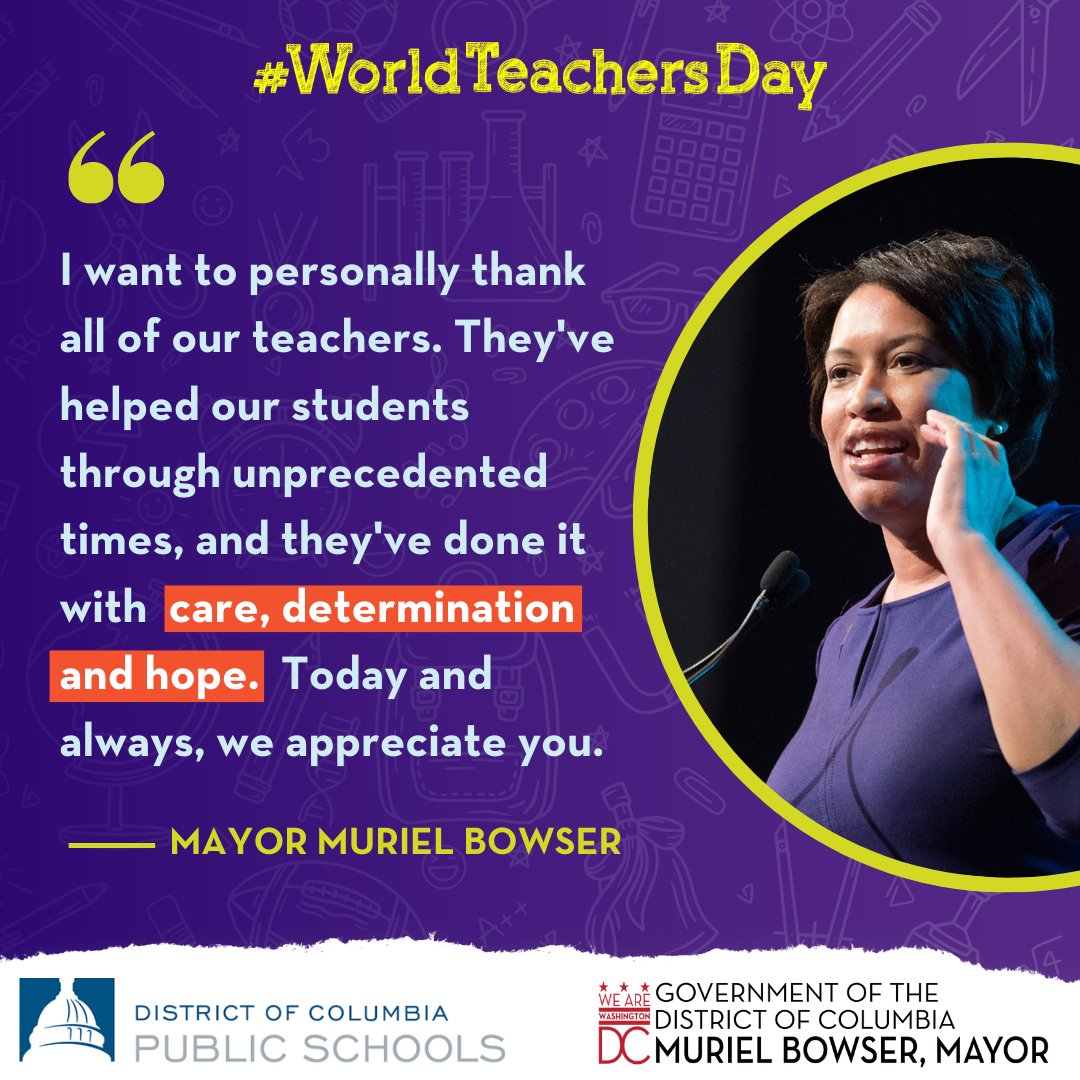 Today, we join millions around the world to celebrate #WorldTeachersDay. DC educators make a difference every day, whether they are seasoned veterans or it's their first year in the classroom.

Thank you to the entire DCPS family for answering the call to serve.