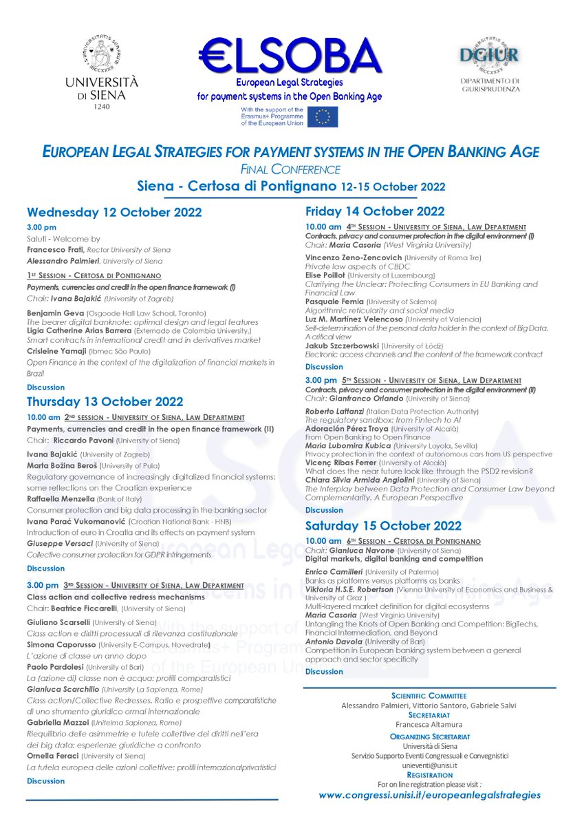 The final Conference of the €LSOBA Project will take place in Siena from 12 to 15 October 2022. 
For online registration please visit congressi.unisi.it/europeanlegals…
#ELSOBA #OpenBanking