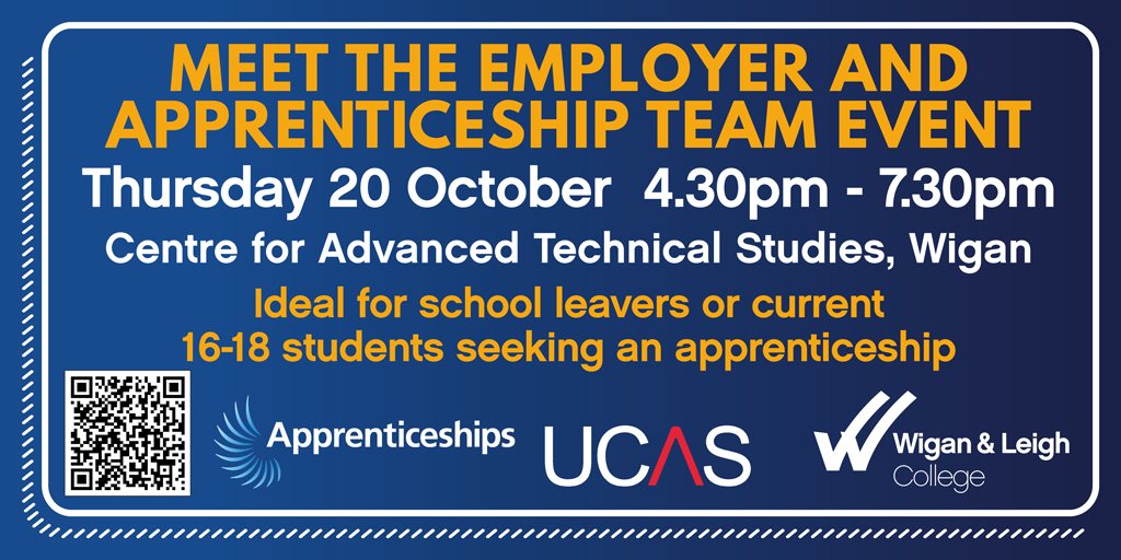 Interested in doing an apprenticeship?
 
We are hosting a Meet the Employer &amp; Apprenticeships Team Event at College on Thursday 20th October 4.30 - 7.30pm.

This is ideal for school leavers and current 16-18 students seeking an apprenticeship.

Book here: wiganleighcollege.simplybook.it/v2/#book/count…