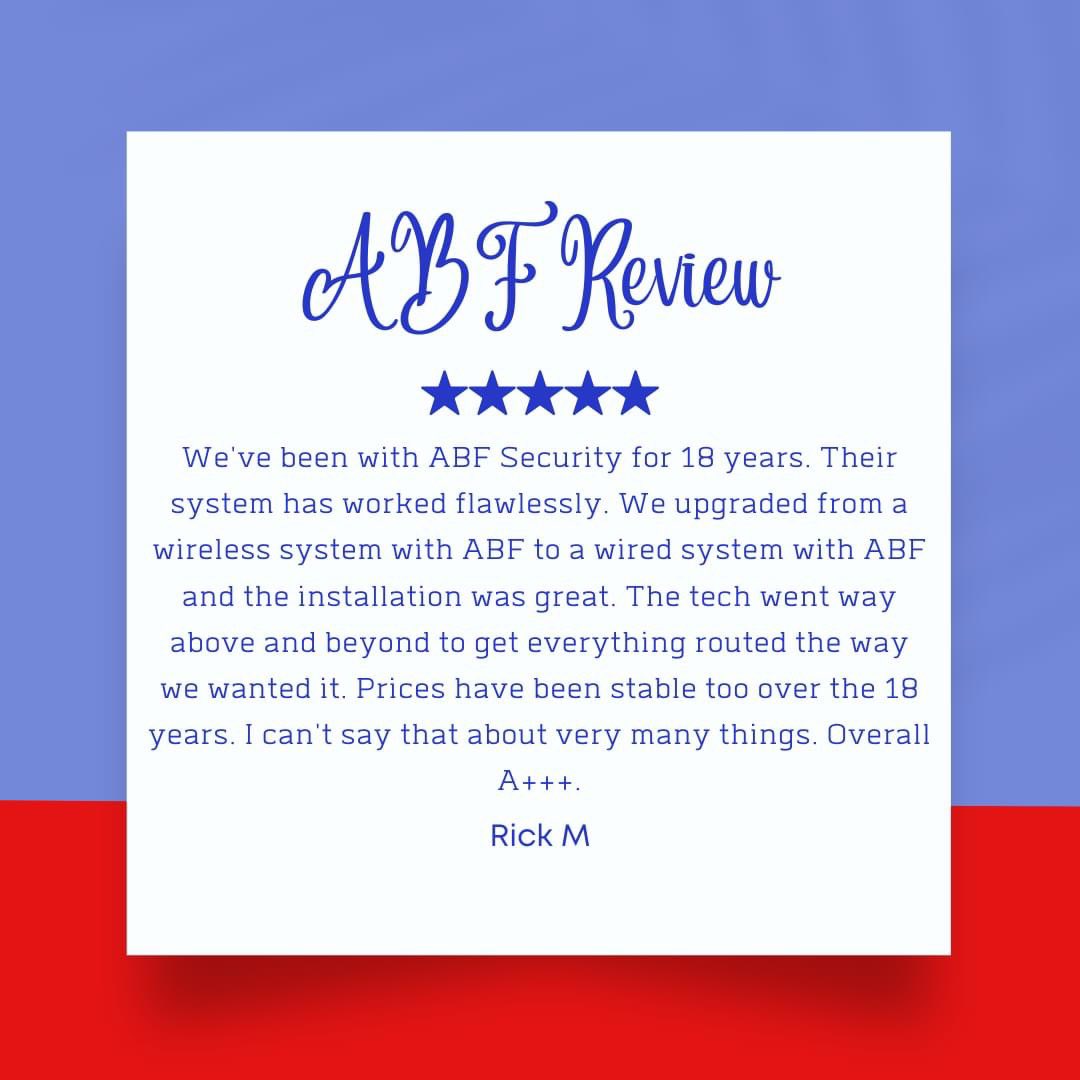 ABFSecurity's tweet photo. This is the best thing to read during the week!! 🙌 #reviewsmatter #securitysystem #firesystems #review #smarthomesecurity #securitycameras #buylocal #security #thankful🙏 #thankful https://t.co/s7wa2Z37nv
