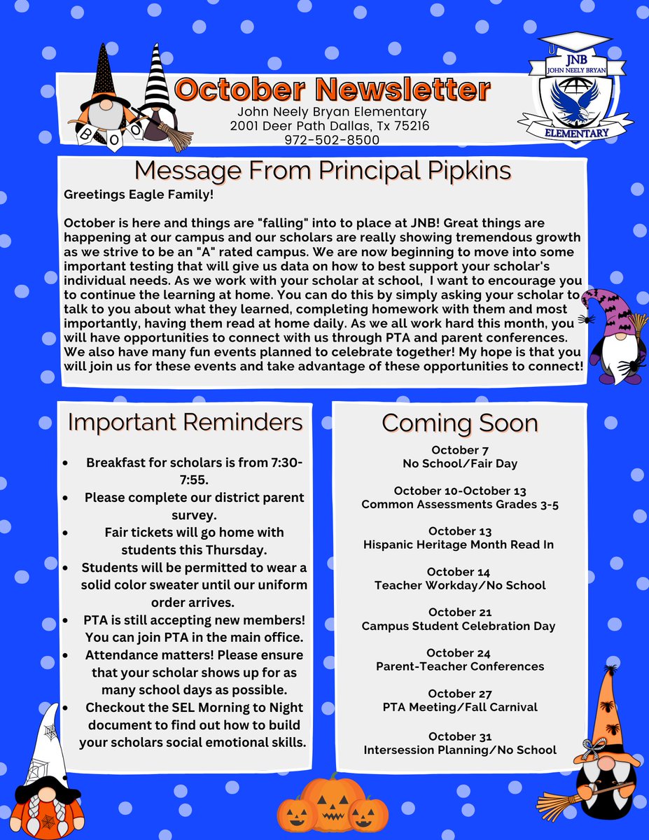 qpipkinsMEd's tweet photo. Hey Eagle Families and Friends! Make sure you check out our October Newsletter! #WhoAreWe #JNB @JNB_Eagles @ACEDallasISD @TeamDallasISD https://t.co/nzNROUJWEH