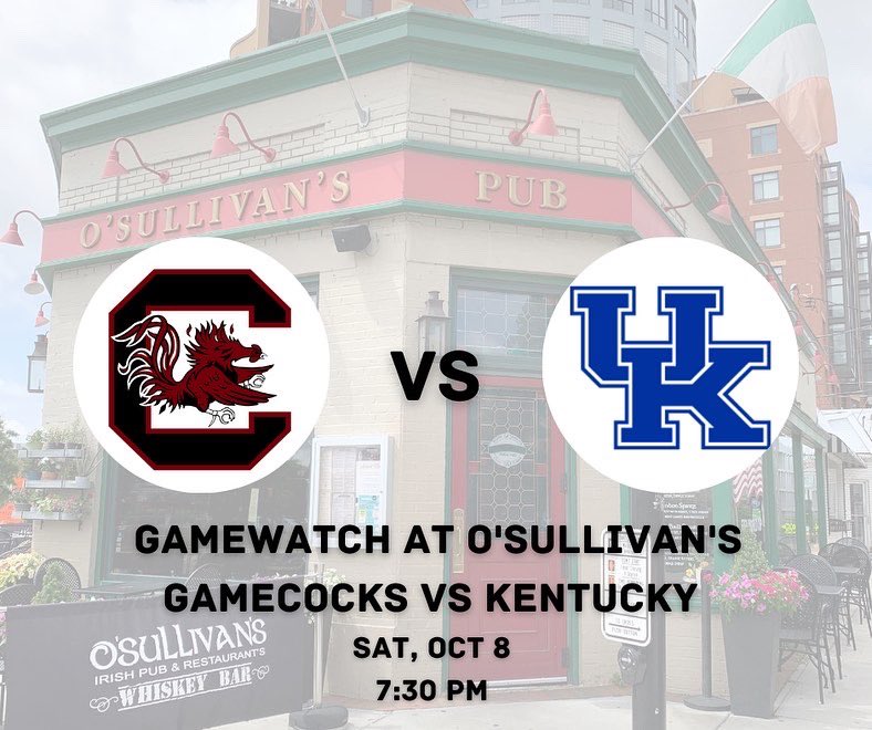 See you at O’Sullivan’s or Atlas this weekend to watch the Kentucky game! 
#gamecocksfb