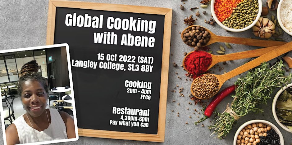 WhatsOnSlough's tweet photo. HOME Slough has teamed up again with VIBE so you can join the Artistic Nutritional Creatives (the chiefs!) and prepare a mouth-watering array of delicious, affordable recipes from around the world. 

Langley College
Sat 15 October 16:30 – 18:00

#whatsonslough https://t.co/I0WutblDb5
