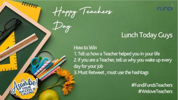 Asisipho Burwana (@shoun_b) on Twitter photo This #WorldTeachersDay, <a href="/Official_FUNDI/">OfficialFundiSA</a> wants to fund teachers so they can study, all you have to do is SMS “Study” to 32150. 🫶🏽
You also stand a chance to win cool instant lunch prizes, head over to their pinned tweet to enter! 🥰❤️
#Funding4Teachers
#WeLoveTeachers This #WorldTeachersDay, <a href="/Official_FUNDI/">OfficialFundiSA</a> wants to fund teachers so they can study, all you have to do is SMS “Study” to 32150. 🫶🏽
You also stand a chance to win cool instant lunch prizes, head over to their pinned tweet to enter! 🥰❤️
#Funding4Teachers
#WeLoveTeachers