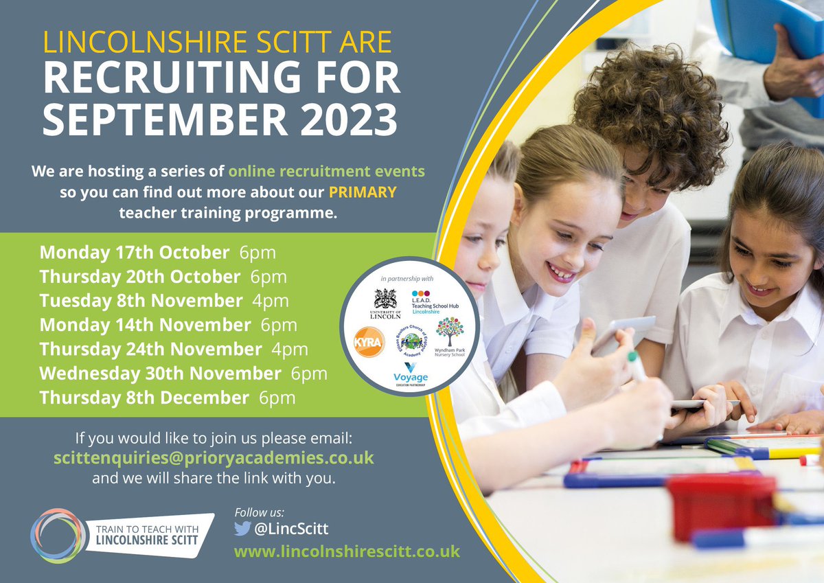 LEADTSHub's tweet photo. Applications for teacher training open on 11th October! Join our online recruitment events and chat to our friendly team to find out more. Contact scittenquiries@prioryacademies.co.uk to book a place @LincScitt #LEADITT🎓 https://t.co/oeekB0913I