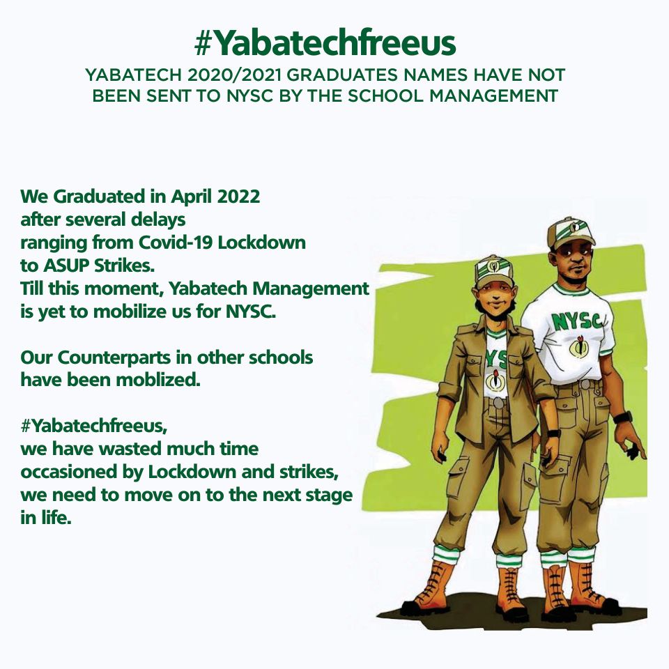 koreapecu's tweet photo. #yabatechfreeus
We are tired, stop wasting graduates precious time.
Hnd since 2019
Mobilise for nysc
Enough is enough
@mrmacaroni @instablog9ja @Tunde_OD @SavvyRinu @yabatechng @segalink @AishaYesufu @IbiShittu @jidesanwoolu @MBuhari @BarackObama https://t.co/qDDlIEH7k7