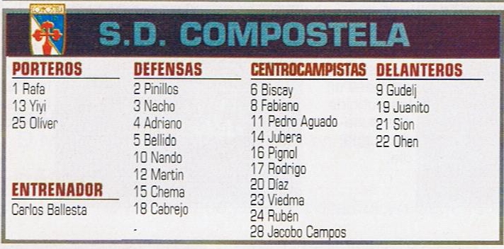 📂 Dorsales del Compostela 00/01.

📋 Carlos Ballesta comenzó la temporada en el banquillo. En la jornada 25 le sustituyó Goran Maric.

1⃣ Rafa
2⃣ Pinillos
3⃣ Nacho
5⃣ Bellido
8⃣ Fabiano
9⃣ Gudelj
1⃣9⃣ Juanito
2⃣1⃣ Sion
2⃣2⃣ Ohen