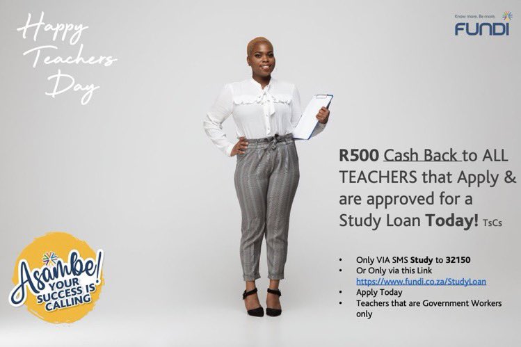 Asisipho Burwana (@shoun_b) on Twitter photo If you are a teacher and applying for a study loan at <a href="/Official_FUNDI/">OfficialFundiSA</a> today, you can get a R500 Cash Back when approved! 👌🏽
To qualify, SMS “Study” to 32150 or click on the link below!
🔗: fundi.co.za/StudyLoan
This applies to teachers that are employed by Government Only! If you are a teacher and applying for a study loan at <a href="/Official_FUNDI/">OfficialFundiSA</a> today, you can get a R500 Cash Back when approved! 👌🏽
To qualify, SMS “Study” to 32150 or click on the link below!
🔗: fundi.co.za/StudyLoan
This applies to teachers that are employed by Government Only!