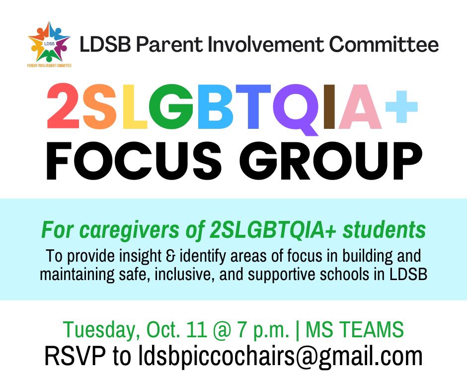 Join the 2SLGTBQIA+ Focus Group! 

For caregivers of 2SLGBTQIA+ students in <a href="/LimestoneDSB/">Limestone District School Board</a> , to provide insight and identify areas of focus in building and
maintaining safe, inclusive, and supportive schools.

Tuesday, Oct. 11 at 7 p.m., online 
RSVP at ldsbpiccochairs@gmail.com