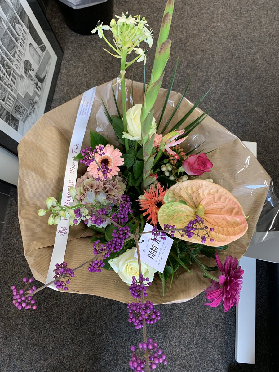 Prachtige bos bloemen gekregen van een patiënt die tegen alle statistieken in 12 jaar na dato nog leeft en nu ‘ontslagen is uit follow up’. Bloemen ook voor <a href="/Winette_vdGraaf/">WinetteVanDerGraaf</a> en prof De Wilt, die destijds betrokken waren bij de behandeling. #mooi