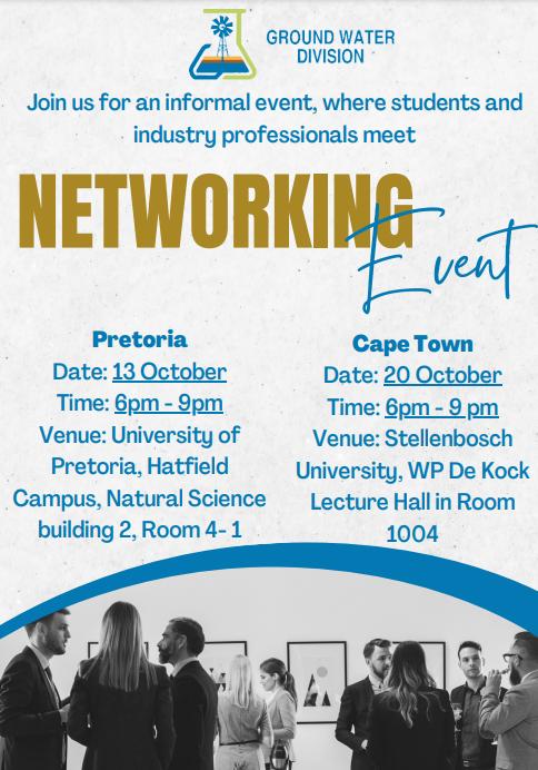 gwdivision's tweet photo. GWD Networking Events: @UPTuks, 13 Oct and @StellenboschUni, 20 Oct. - https://t.co/Ybeol9j82W #groundwater #networking #makinggroundwatervisible #GWDyoungprofessionals #GWDprofessionals #science https://t.co/r3oOJWAn3v