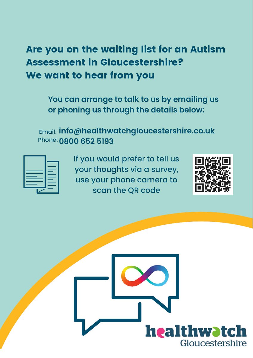 BarnwoodTrust's tweet photo. Health watch’s #Autism Project is looking at people’s experiences of the Autism Assessment Service in #Gloucestershire. They want to hear from you what works wells and what could be improved.  Email info@healthwatchgloucestershire.co.uk to arrange a call or scan the QR code. https://t.co/DDtyIlwOGP