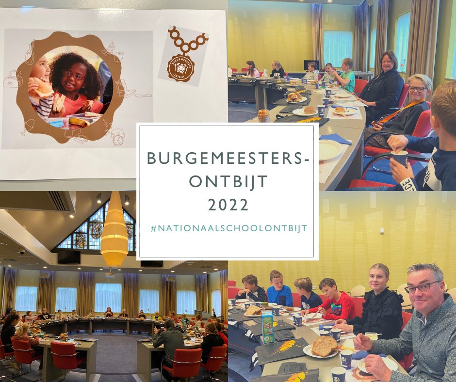 Vanochtend aten de kinderen van groep 8 van basisschool de Dromedaris met burgemeester Bergman en kinderburgemeester Siem een gezond ontbijtje in het gemeentehuis. Ambachtelijke Bakkerij ’t Kraayennest verzorgde dit ontbijt. #nationaalschoolontbijt #gezondestartvandedag
