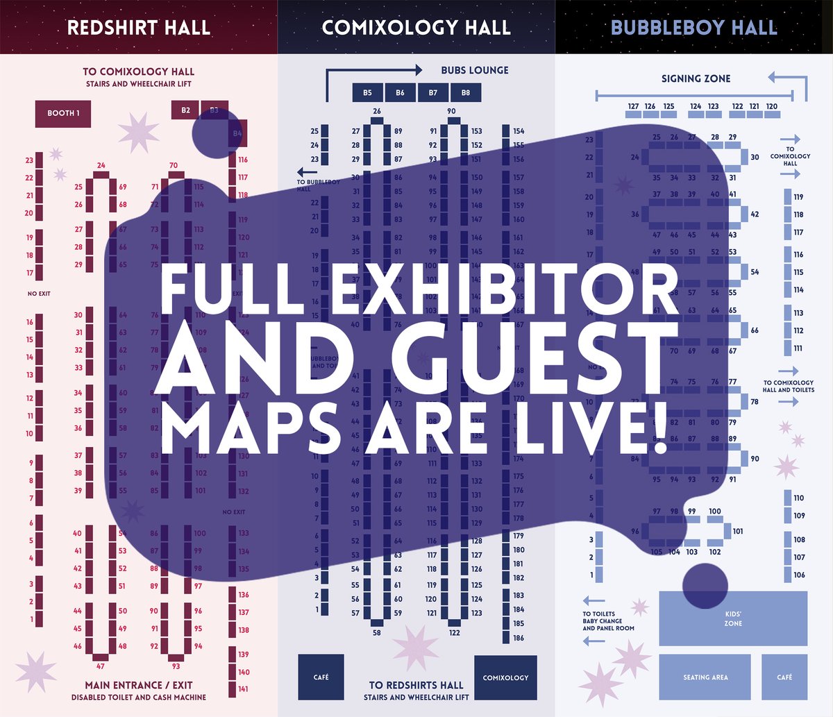 ThoughtBubbleUK's tweet photo. We are very excited to share with you our maps for Thought Bubble Comic Convention 2022. With three halls packed with incredible comic artists, writers and publishers, there is something for everyone.

Start planning your shopping route: https://t.co/suPNR5M0Xm https://t.co/YYJ4fNq00u