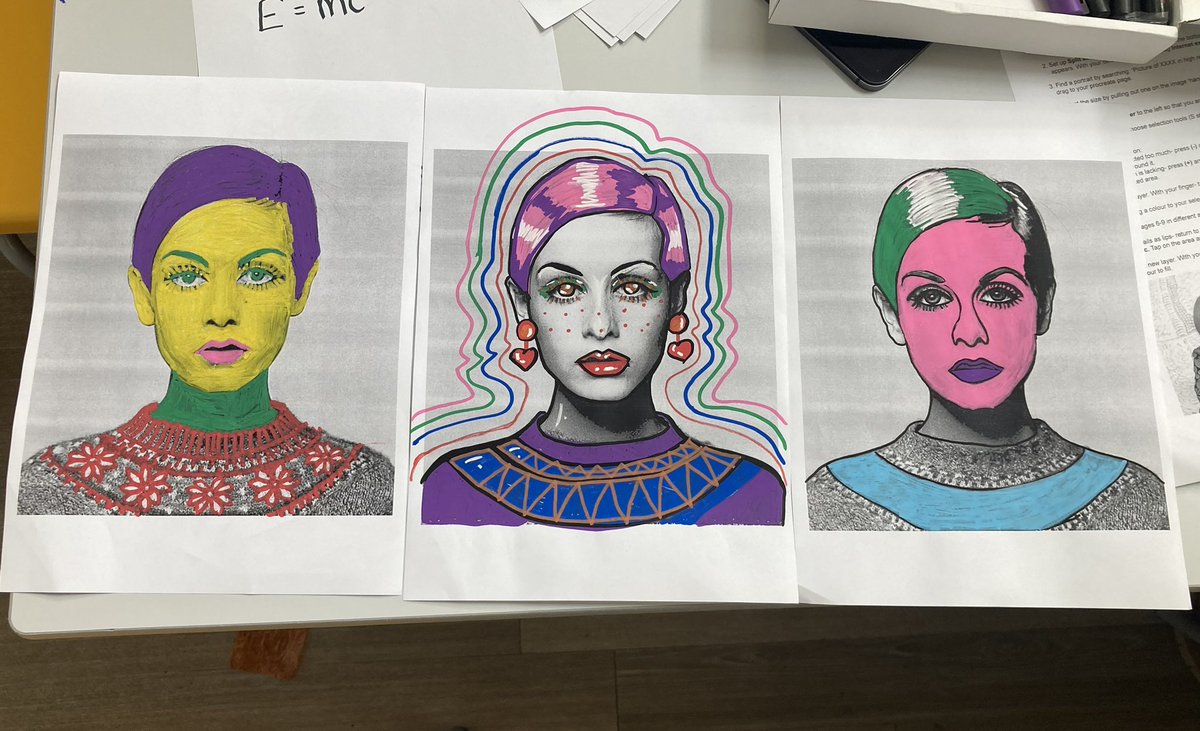 pinccollege's tweet image. Last week the York students were exploring minimal details in bold block colour, capturing personality. This was inspired by artist #GaryHume Students produced work using Procreate then had a play with #PoscaPens on black &amp;amp; white photographs.