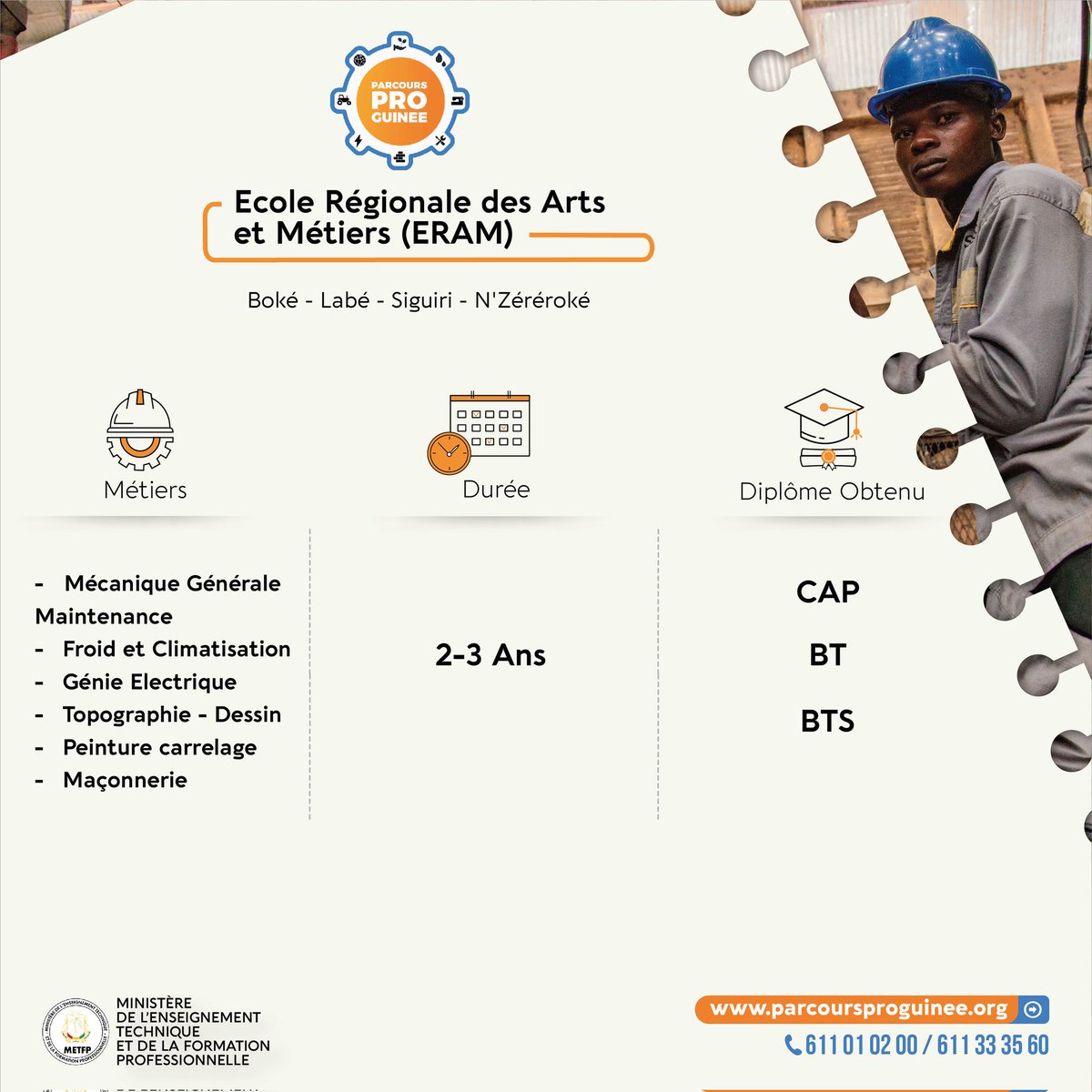 Manet1963Manet's tweet photo. 🔸Vous aimez relever les défis et aimez le travail manuel, les formations des #ERAM sont faites pour vous.

Boké - Labé - Siguiri et N'Zérékoré vous ouvre les portes pour des formations de 2 à 3 ans.

🌐Rendez-vous sur https://t.co/TzRiYnzC4l pour vous inscrire.

#METFP https://t.co/XHhez2wV2D