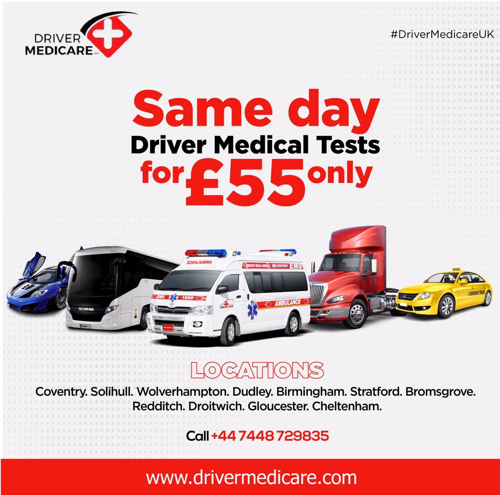 DriverMedicare's tweet photo. Get same day Driver Medicals across the UK for only Β£55.
Our locations π¬π§π
Coventry.
Solihull.
Wolverhampton.
Dudley.
Birmingham.
Stratford.
Bromsgrove.
Redditch.
Dritwich.
Gloucester.
Cheltenham.
Send us a DM π² or call us π
#DriverMedicare https://t.co/fwD4g2Nxvo