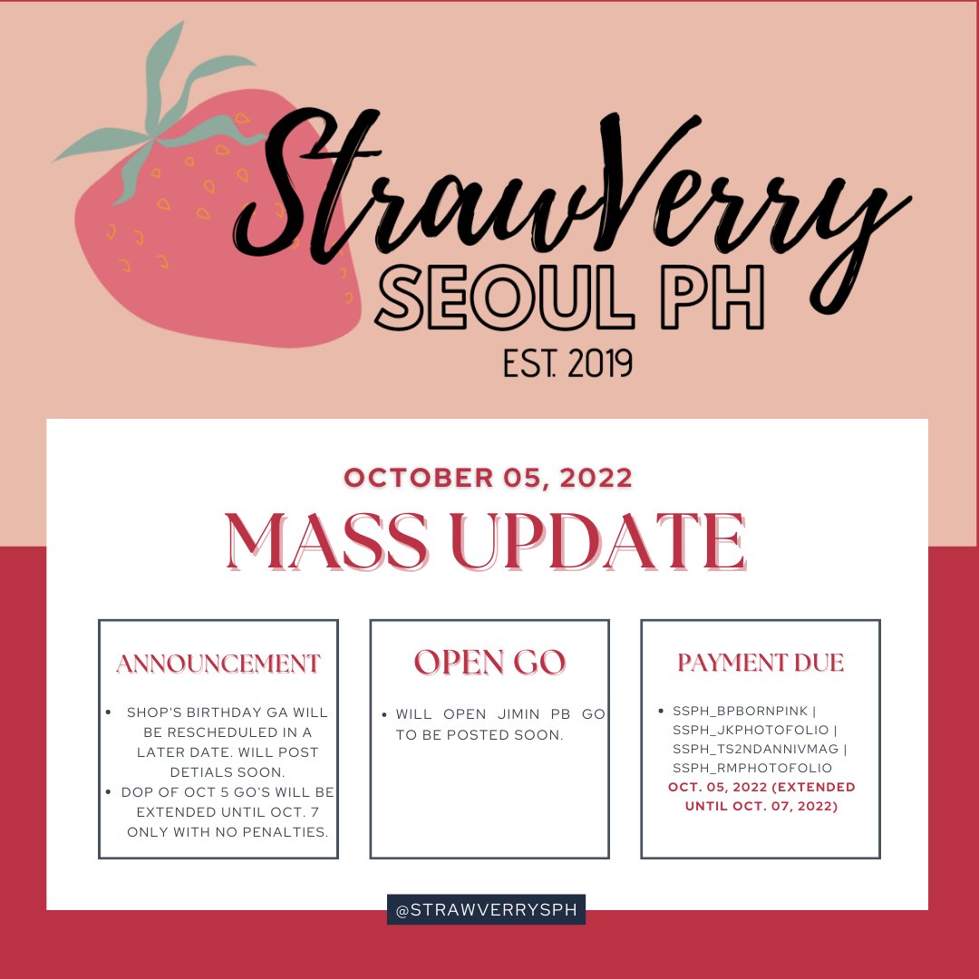 StrawVerrySPH's tweet photo. MASS UPDATE as of OCTOBER 05, 2022

Please read carefully below ✨

Thank you for your patience and understanding 🤗💜

Don't hesitate to DM us if you have any concerns/questions.

#StrawVerryUpdates 🍓 https://t.co/5wHknAX3iQ