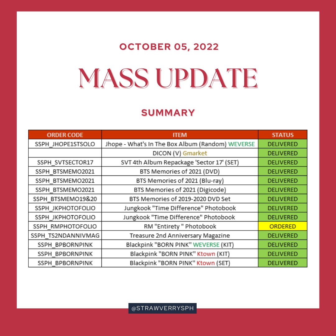 StrawVerrySPH's tweet photo. MASS UPDATE as of OCTOBER 05, 2022

Please read carefully below ✨

Thank you for your patience and understanding 🤗💜

Don't hesitate to DM us if you have any concerns/questions.

#StrawVerryUpdates 🍓 https://t.co/5wHknAX3iQ